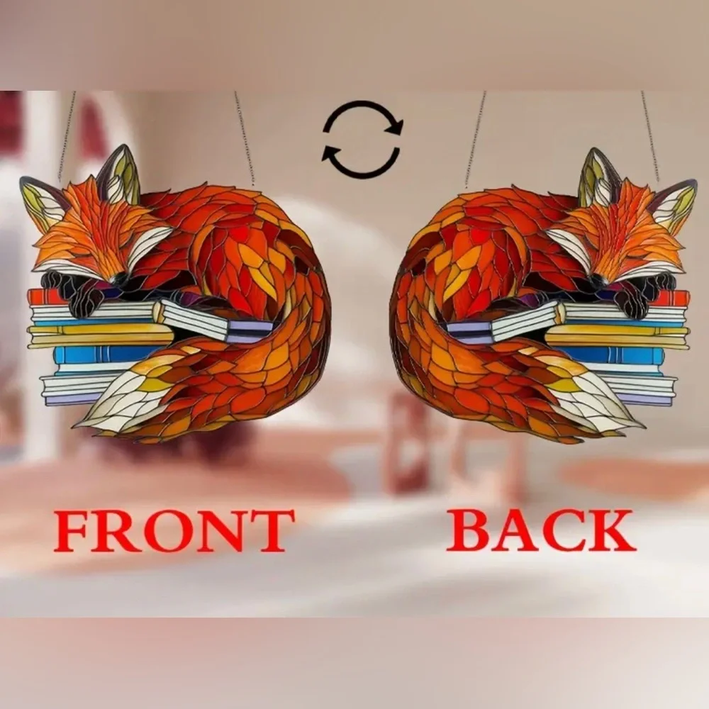 Fox suncatcher - new in package - sleepy bookish fox - stained glass effect - Picture 4 of 5